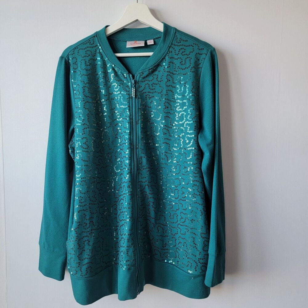 Quacker Factory Womens Sequin Swirl Zip Front French Terry Bomber Jacket size L